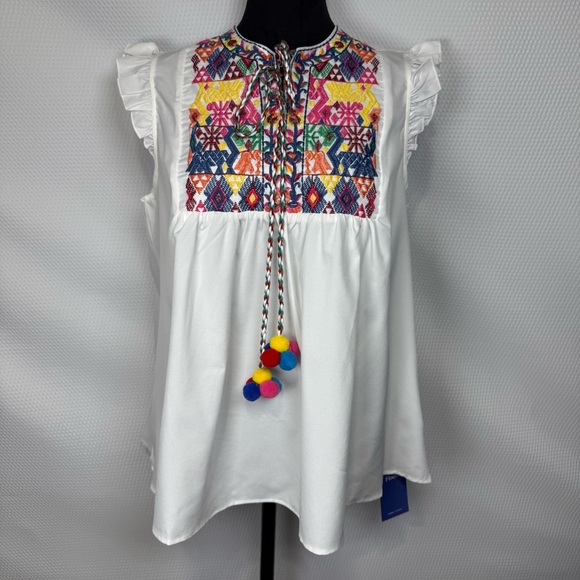 Floerns Tops - NWT Floerns Embroidered White Babydoll Style Sleeveless Top Colorful Accents
